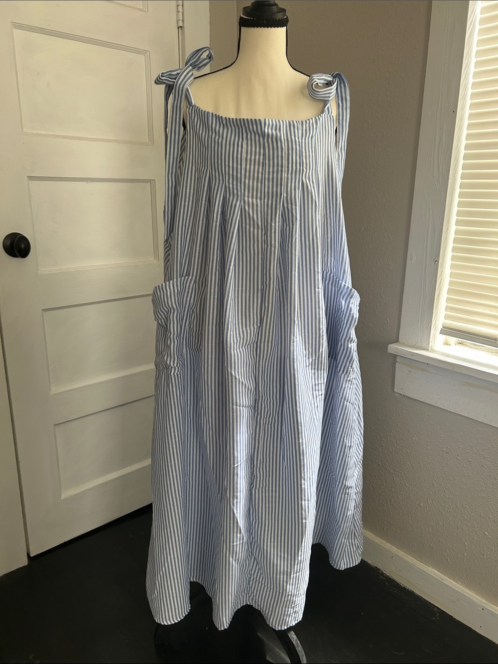 Blue and White Striped Tie-Shoulder Midi Dress